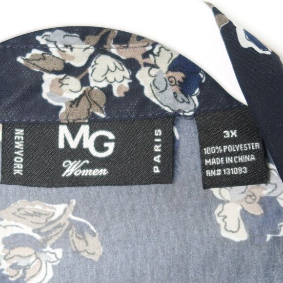 MG Women Button Up Blouse Plus Size 3X Blue Floral Artsy Sheer Office Career - Picture 3 of 7